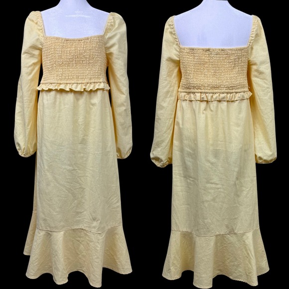 7 For All Mankind Dress Women Midi Linen Blend Puff Sleeves Ruffle Smocked Large - Picture 1 of 11